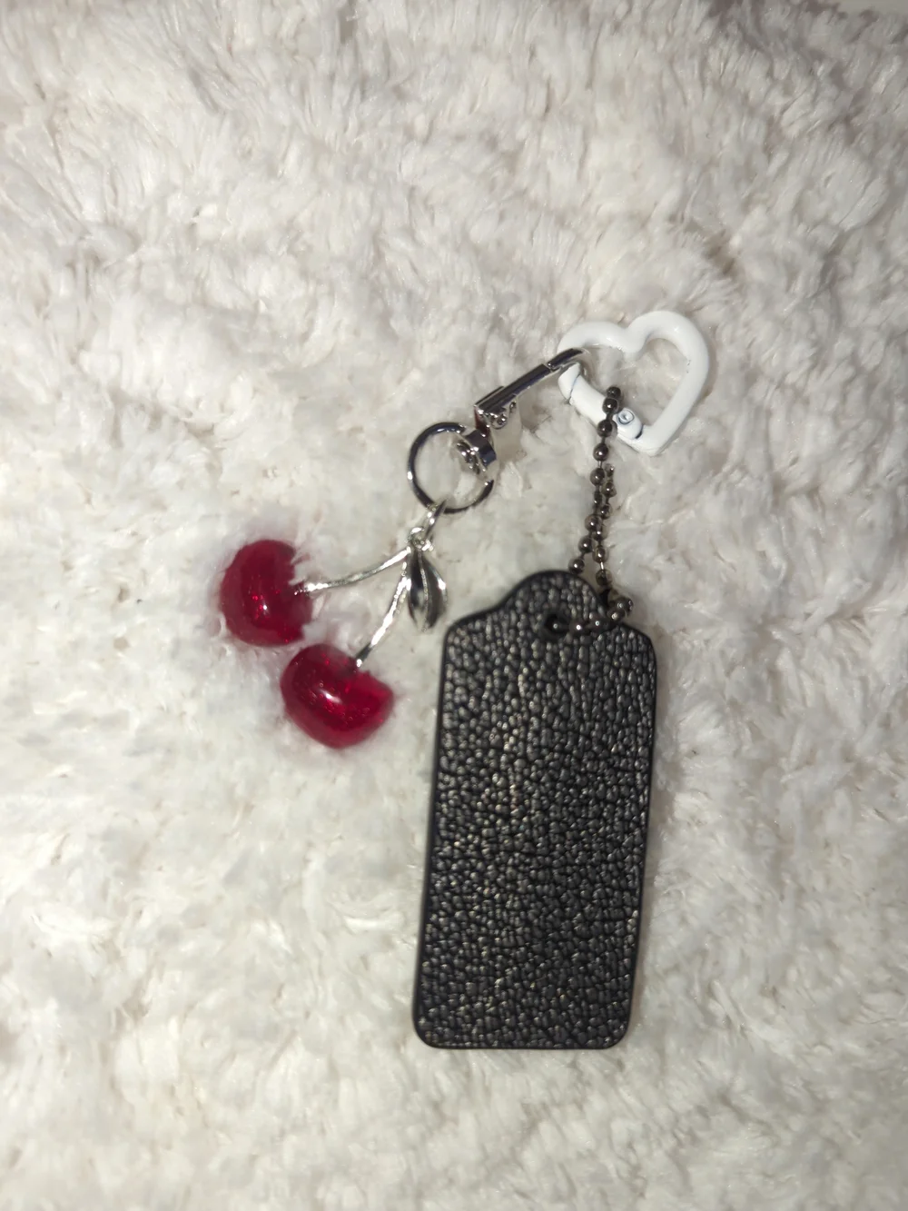 Coach Black Leather Metallic Gunmetal Leather Hangtag + Red Cherry Charm Heart